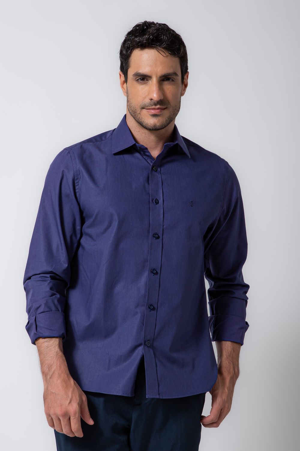 Camisa Social Slim Algodão Misto Azul Escuro