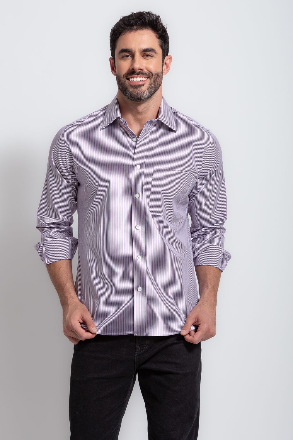 Camisa Social Listrada Slim Comfort Algodão Fio 80 Roxo