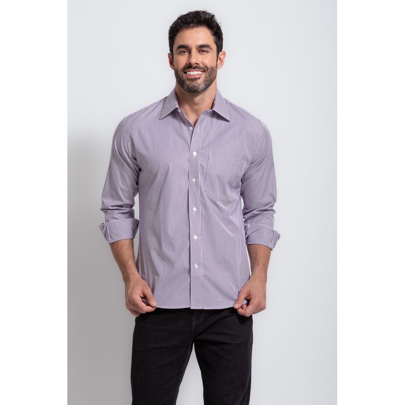 Camisa Social Listrada Slim Comfort Algodão Fio 80 Roxo