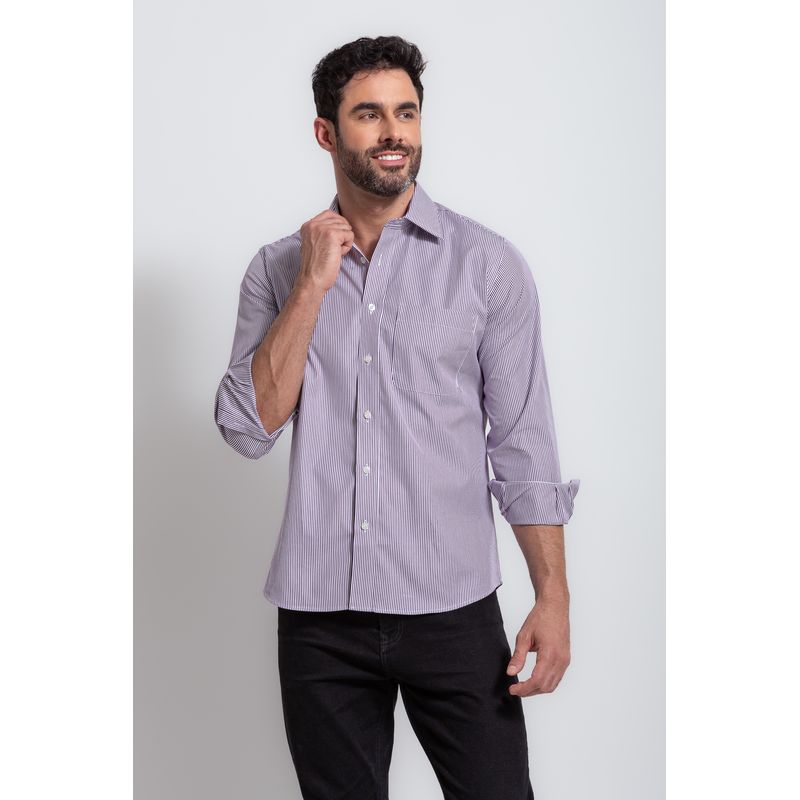 Camisa Social Listrada Slim Comfort Algodão Fio 80 Roxo