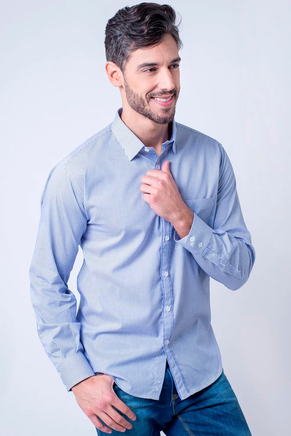 Camisa Xadrez Algodão Fio 60 ML Azul Escuro