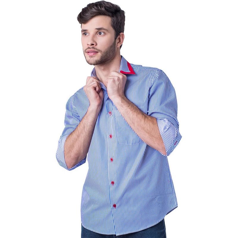 Camisa Listrada Algodão Fio 60 ML Azul Escuro