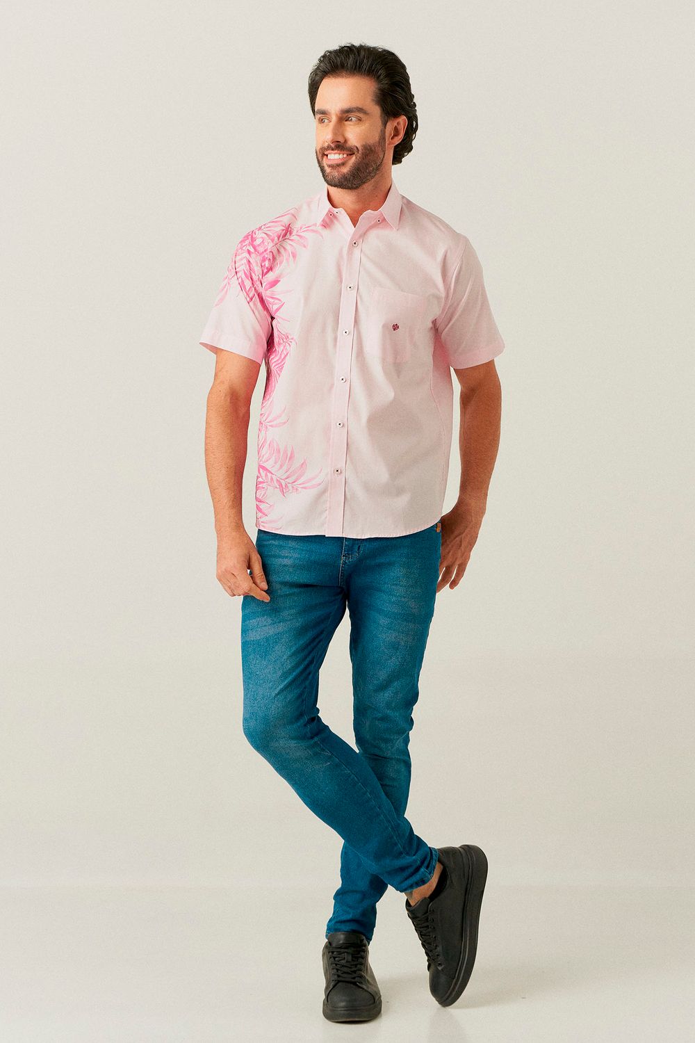 Camisa Estampa Localizada Algodão MC Rosa