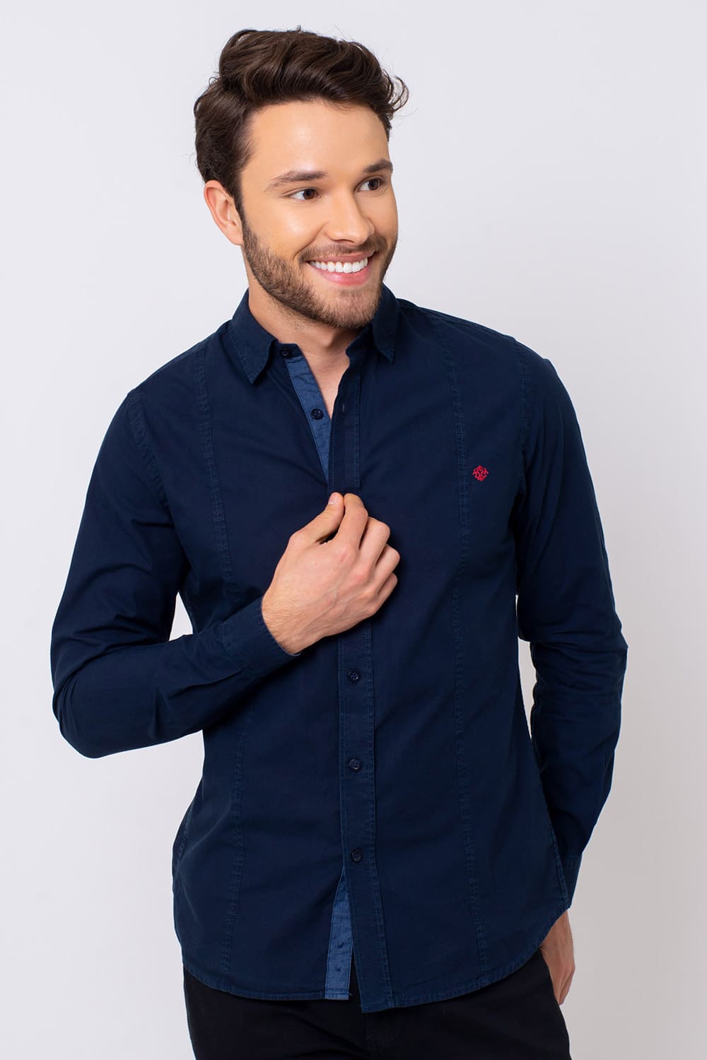 Camisa Slim Algodão ML Azul Escuro