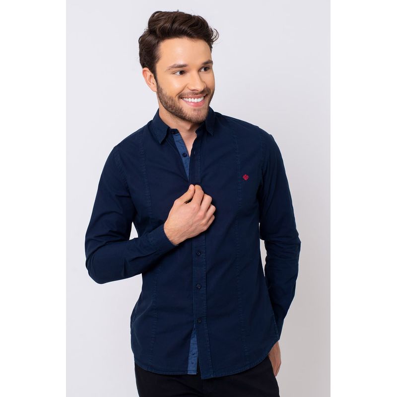 Camisa Slim Algodão ML Azul Escuro