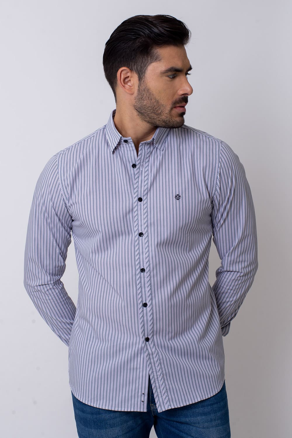 Camisa Slim Listrada Algodão ML Cinza