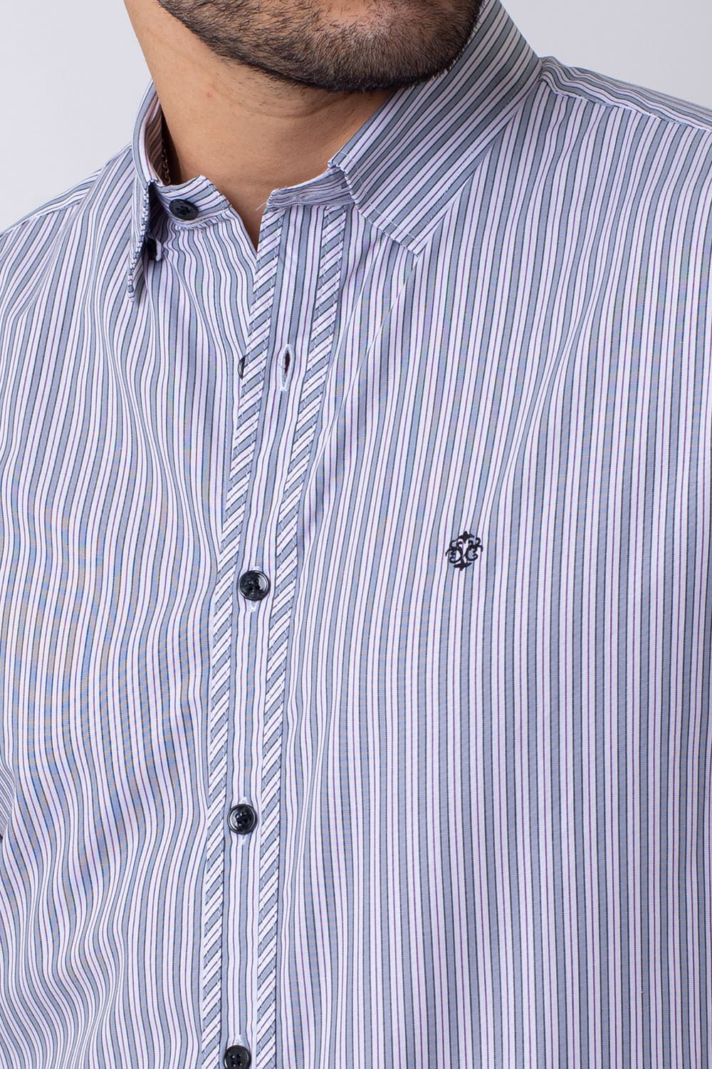 Camisa Slim Listrada Algodão ML Cinza