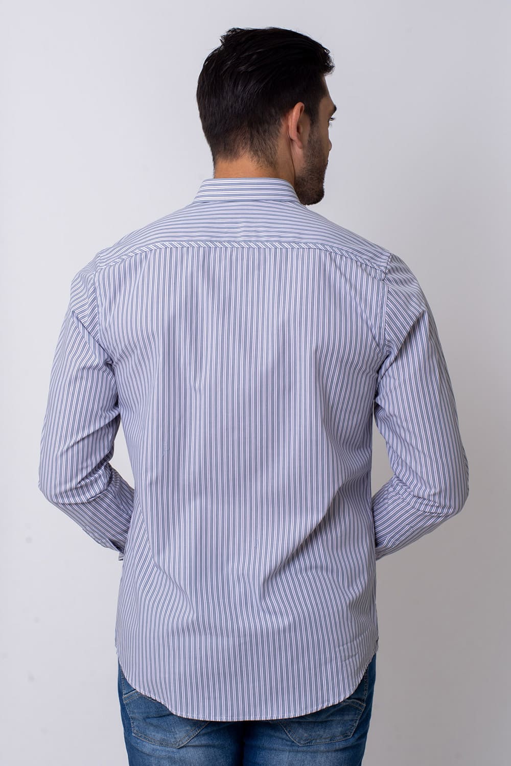 Camisa Slim Listrada Algodão ML Cinza