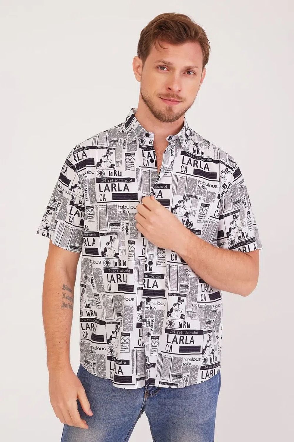 Camisa Slim Estampada Algodão c/ Viscose MC Preto