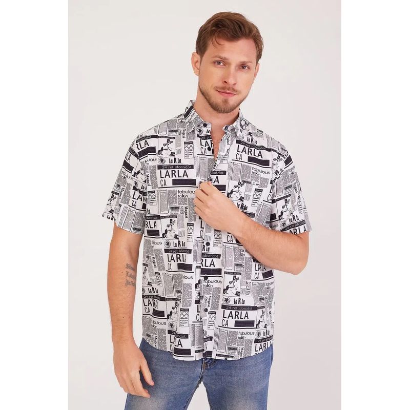 Camisa Slim Estampada Algodão c/ Viscose MC Preto