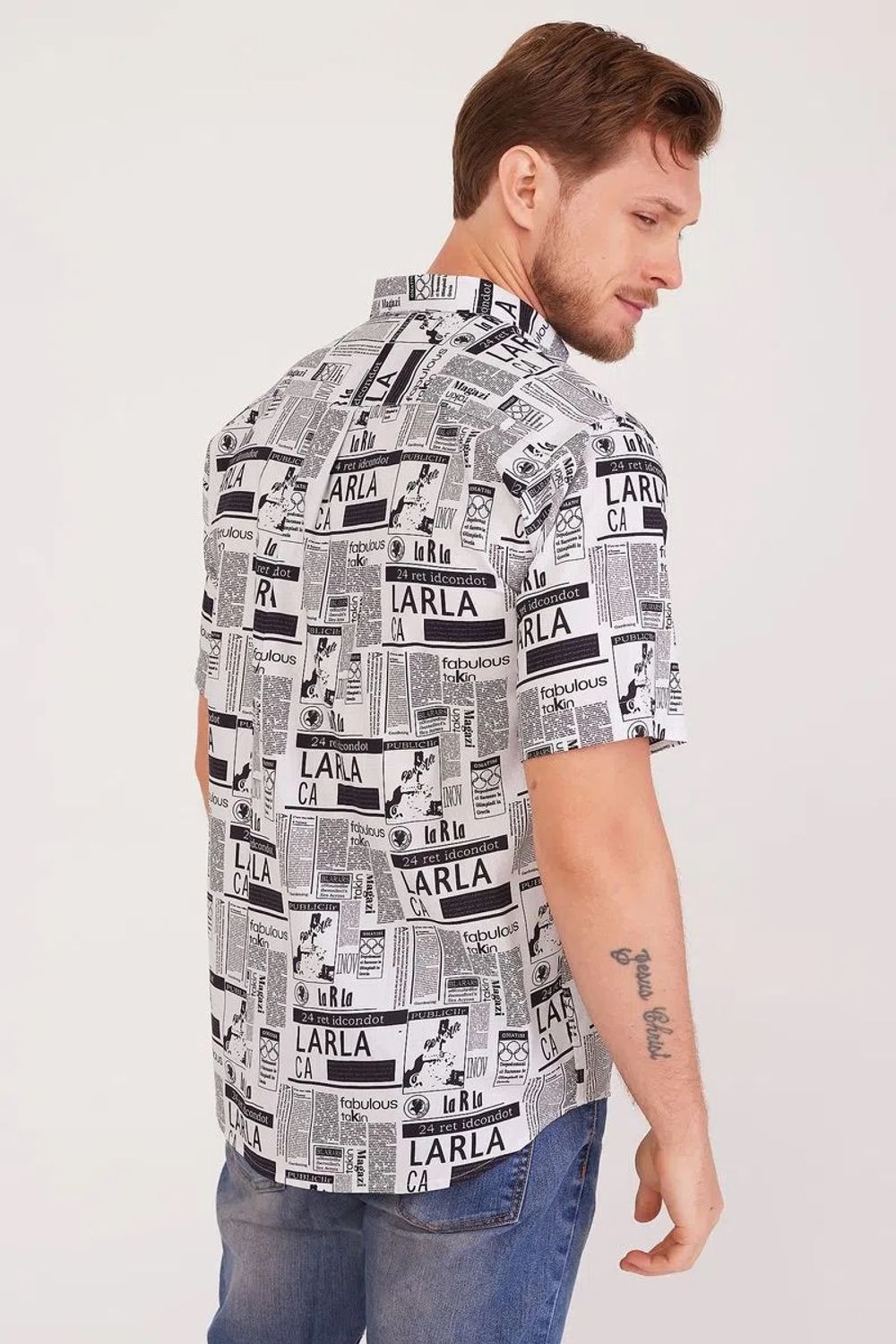 Camisa Slim Estampada Algodão c/ Viscose MC Preto