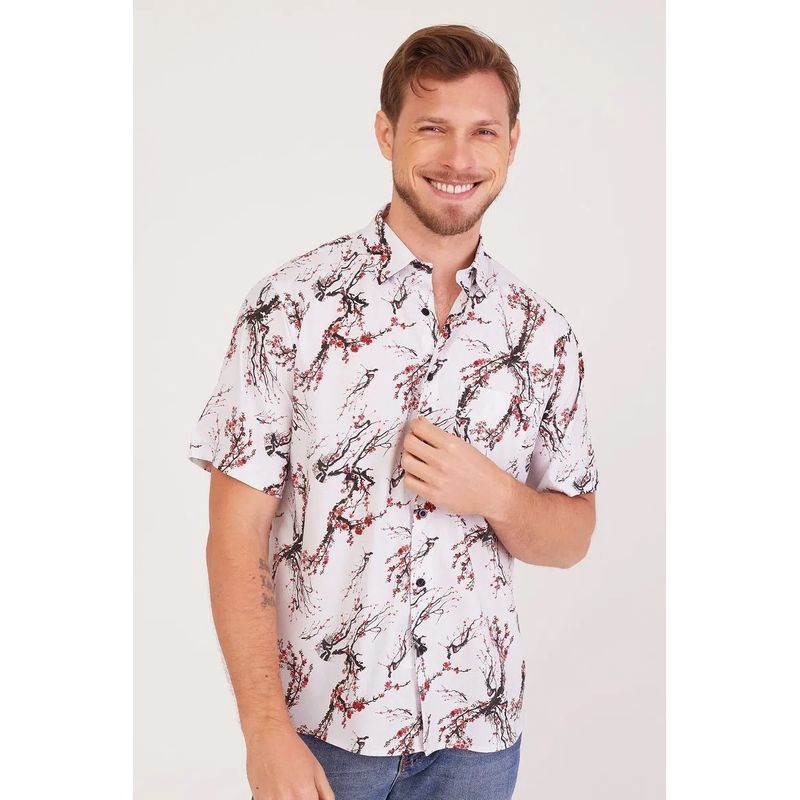 Camisa Slim Estampada Algodão c/ Viscose MC Vermelho