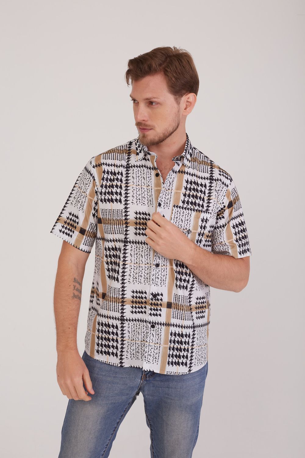 Camisa Slim Estampada Algodão c/ Viscose MC Bege