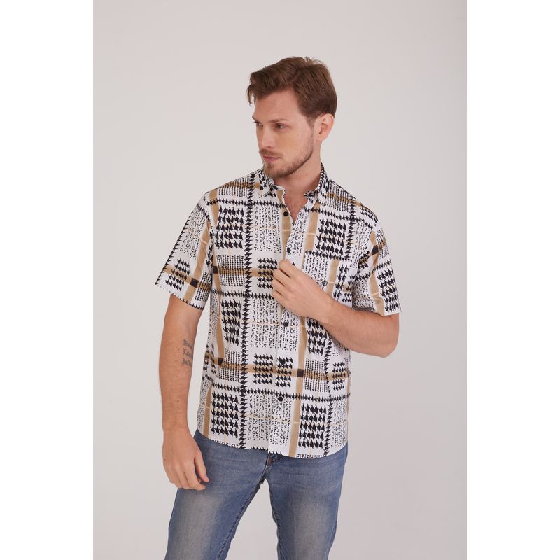 Camisa Slim Estampada Algodão c/ Viscose MC Bege