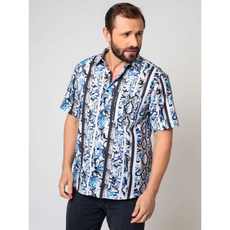 Camisa Slim Estampada Algodão c/ Viscose MC Azul