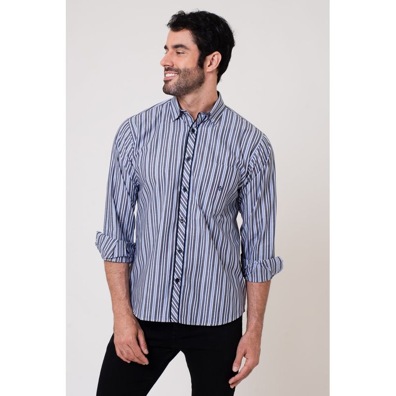 Camisa Listrada Algodão ML Azul Escuro