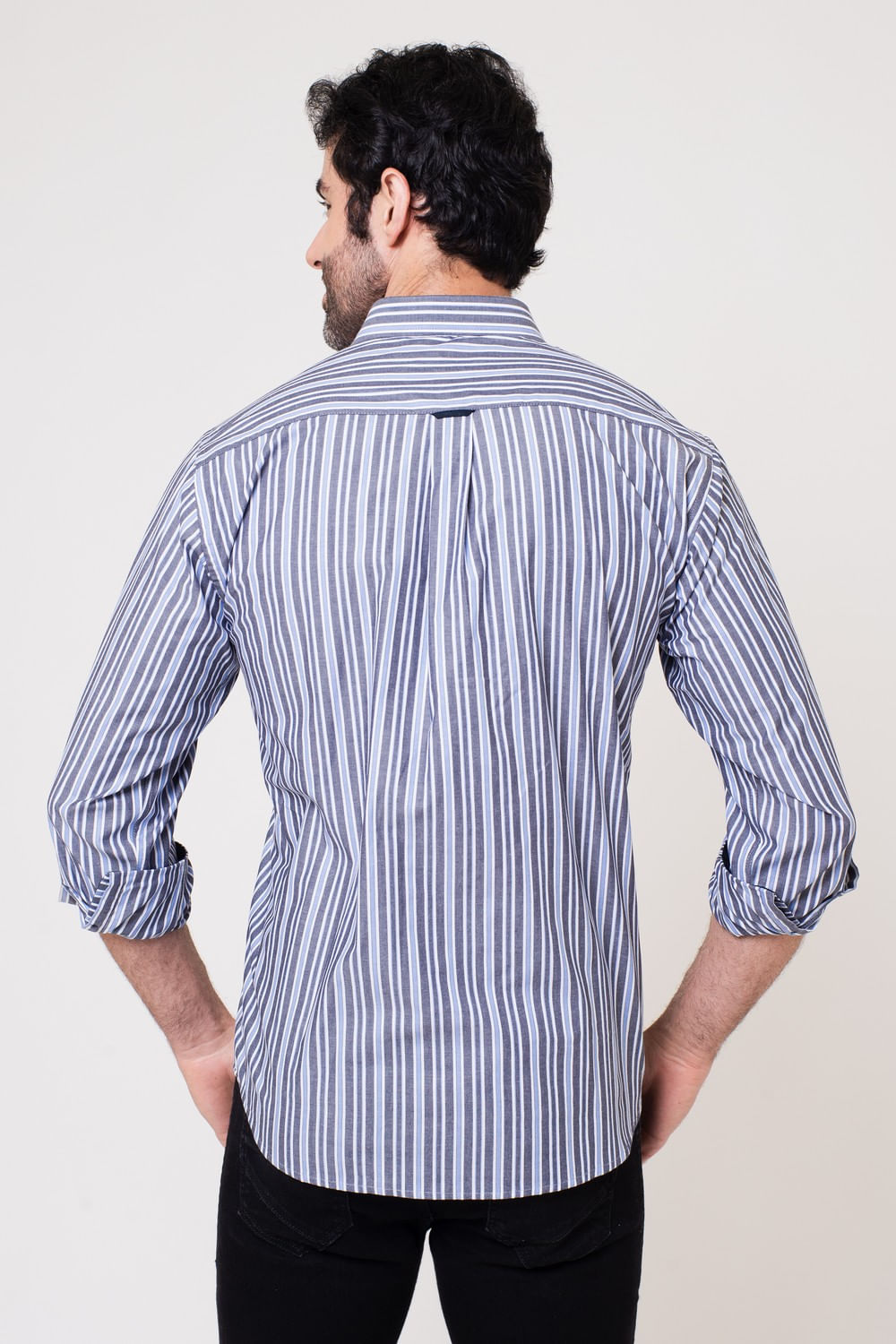 Camisa Listrada Algodão ML Azul Escuro