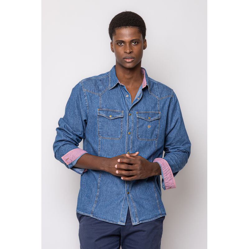 Camisa Slim Jeans ML Azul Escuro