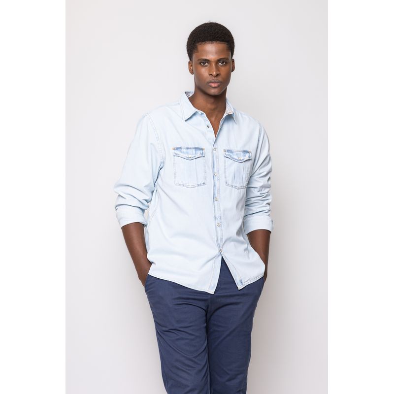 Camisa Slim Jeans ML Azul Escuro