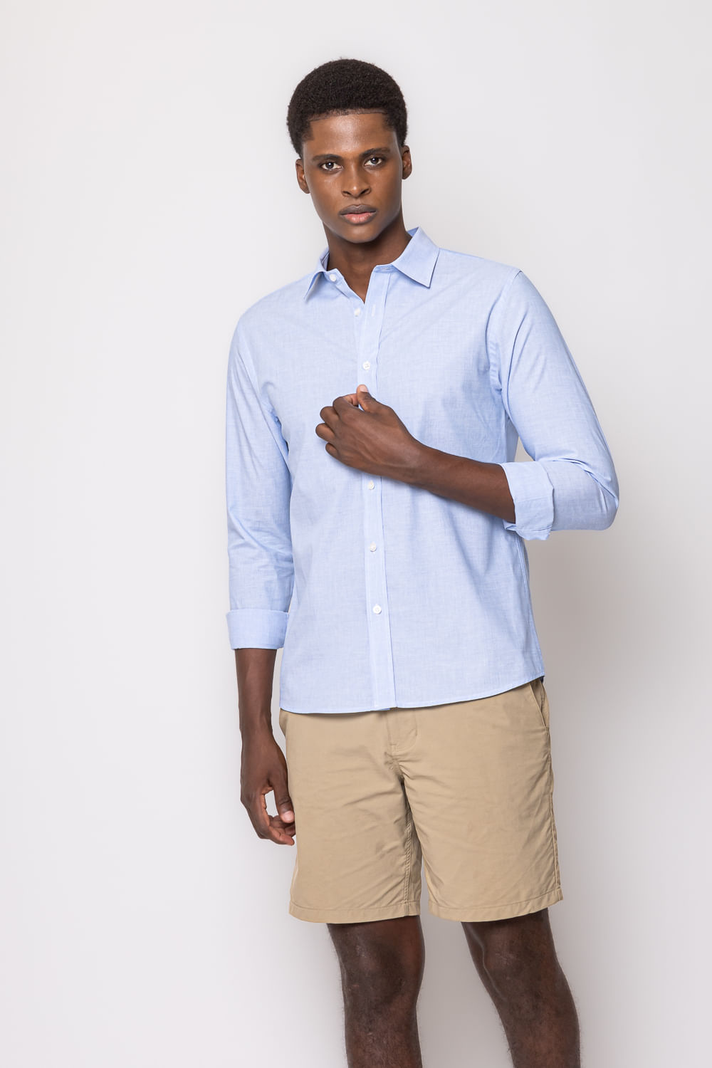 Camisa Social Slim Algodão Misto Azul Claro