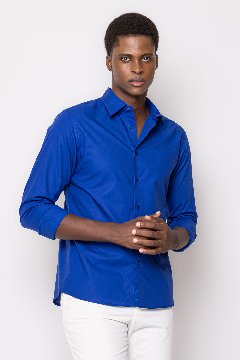 Camisa Social Slim Algodão Misto Azul Médio