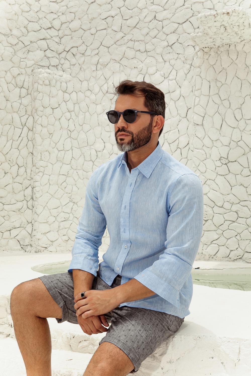 Camisa Puro Linho Mescla ML Azul Claro