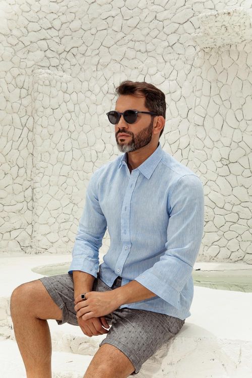Camisa Puro Linho Mescla ML Azul Claro