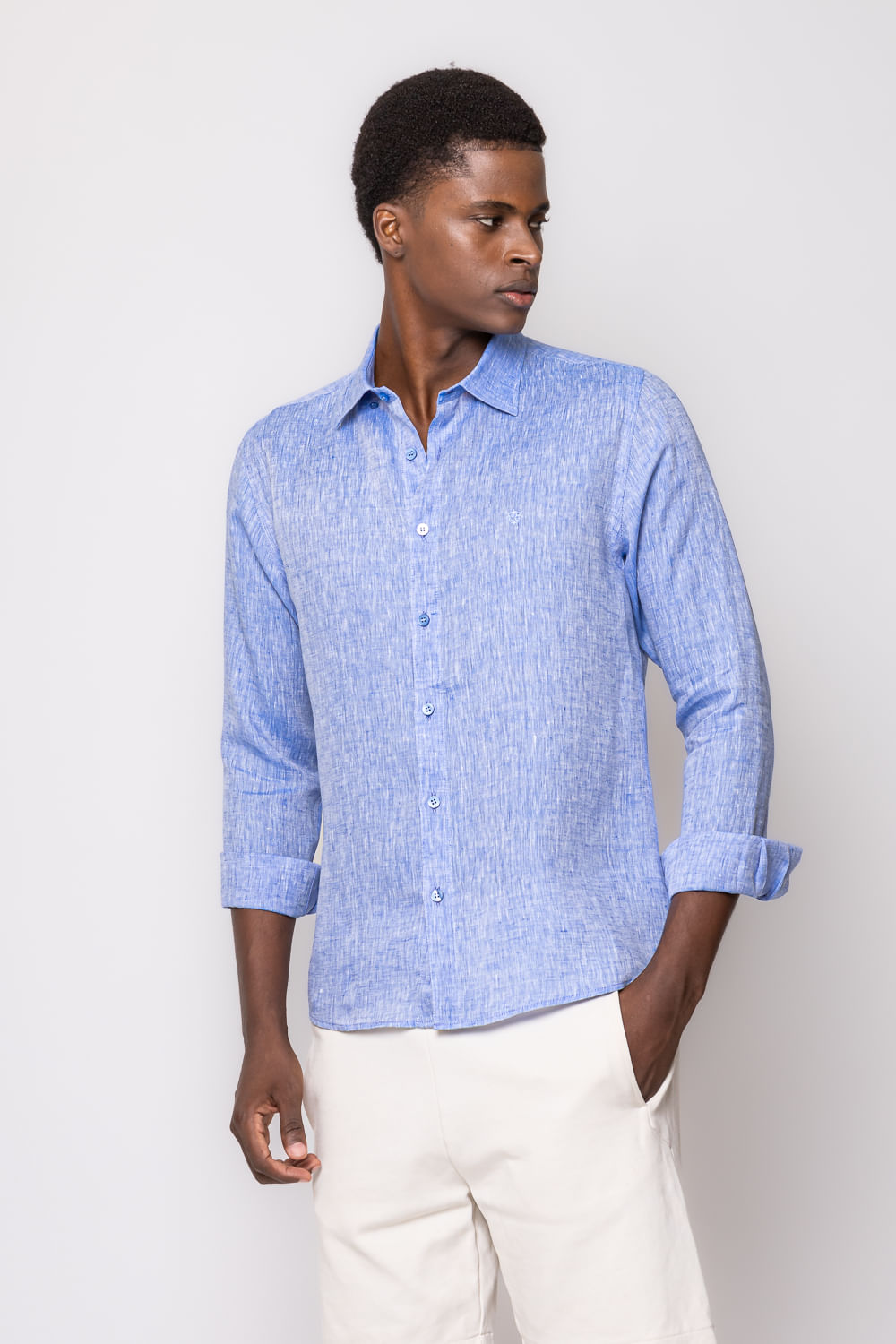 Camisa Slim Linho Mescla ML Azul Médio