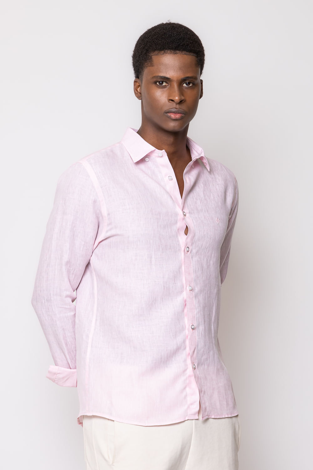 Camisa Slim Linho Mescla ML Rosa