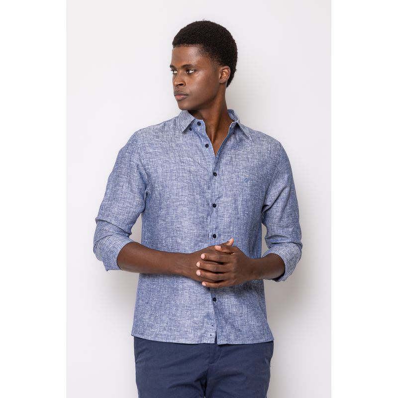 Camisa Slim Linho Mescla ML Azul Escuro