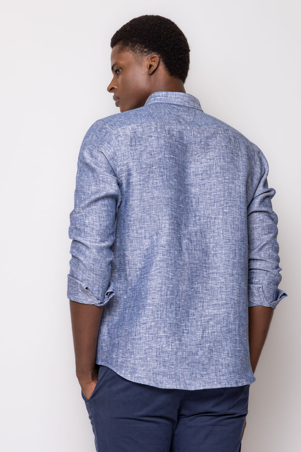 Camisa Slim Linho Mescla ML Azul Escuro