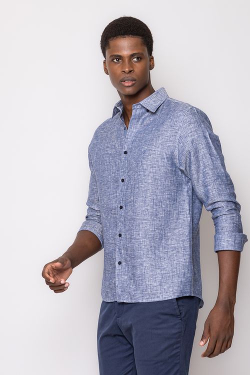 Camisa Slim Linho Mescla ML Azul Escuro