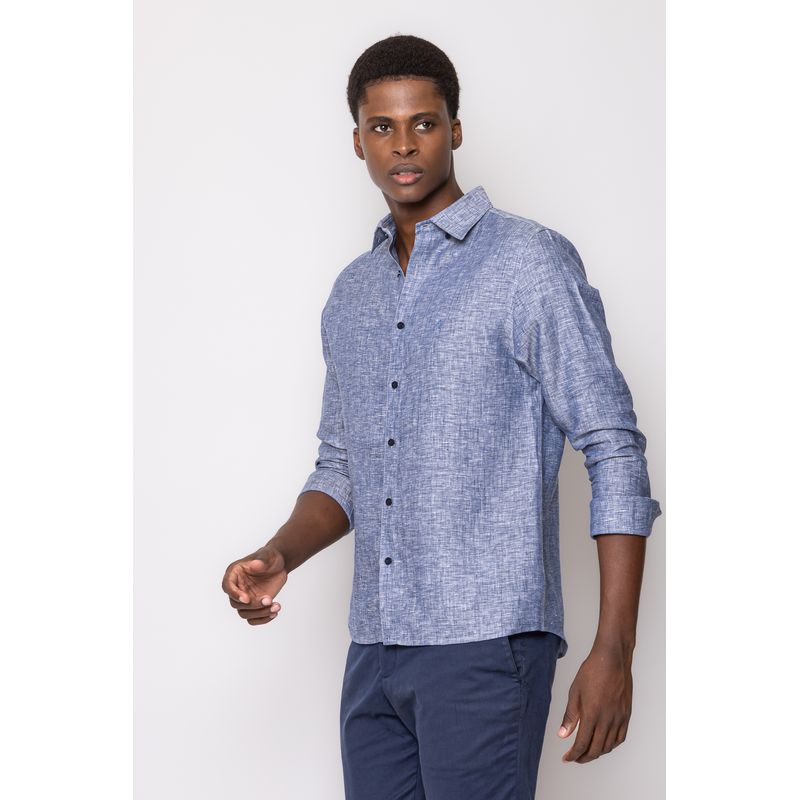 Camisa Slim Linho Mescla ML Azul Escuro