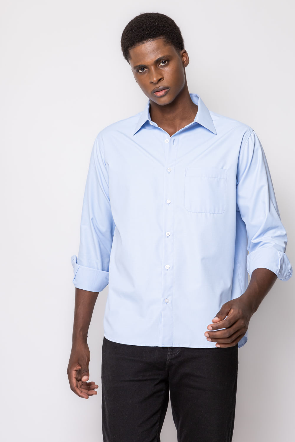 Camisa Social Maquinetada Algodão Misto Azul Claro