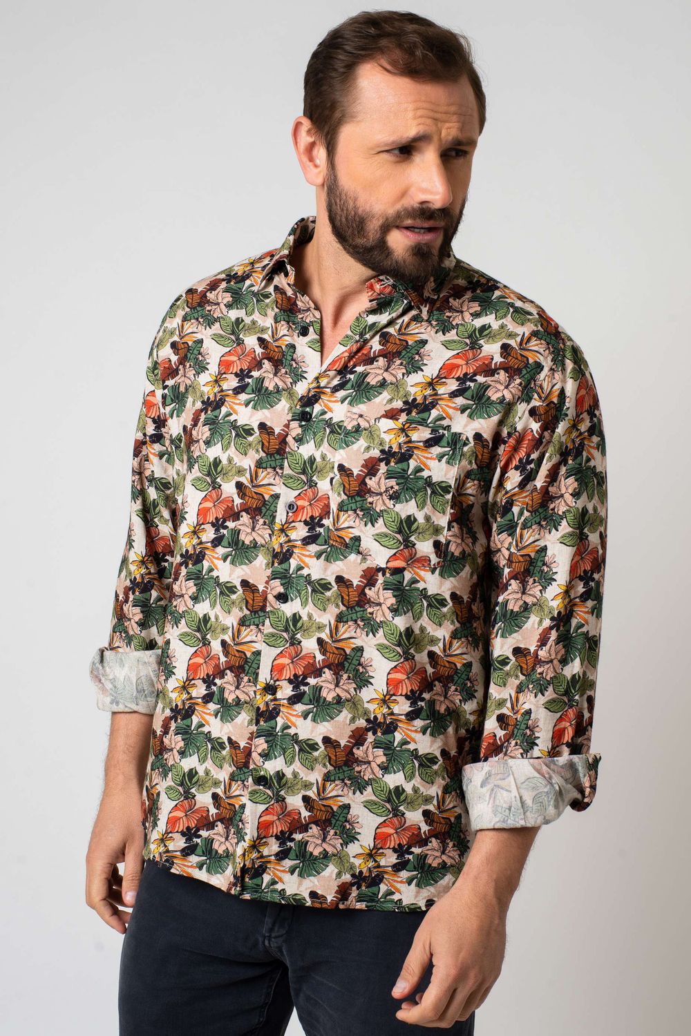 Camisa Estampada Linho c/ Modal ML Verde Escuro