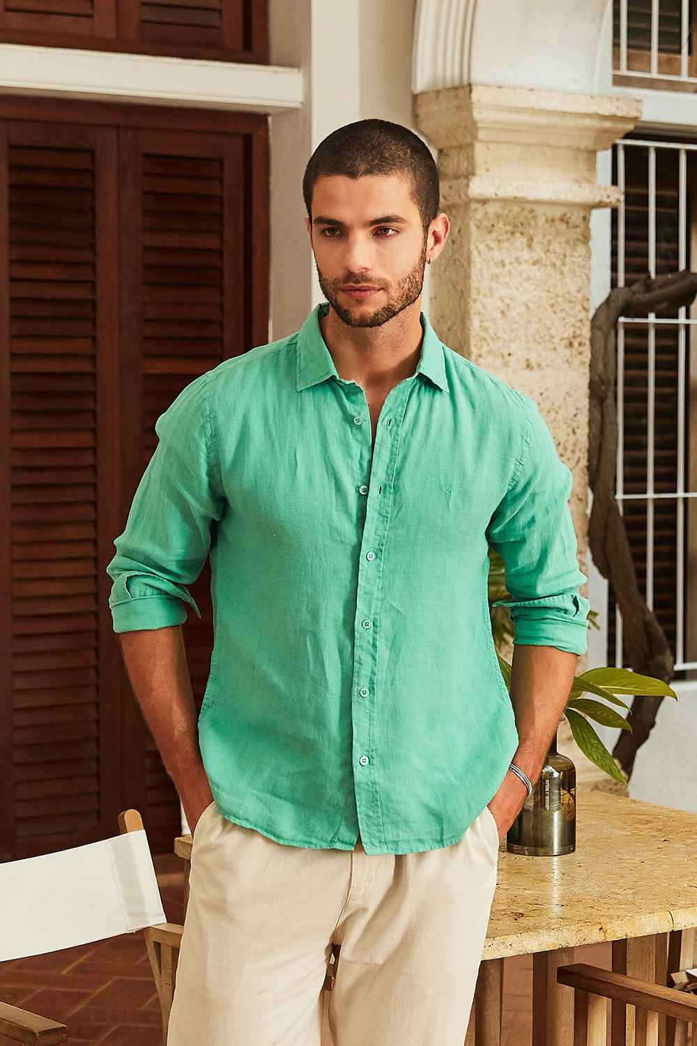 Camisa Slim Linho Tinturado ML Verde