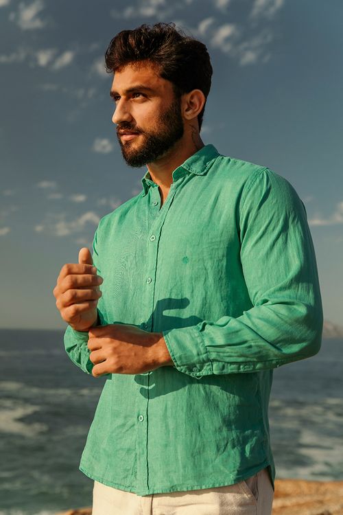 Camisa Slim Linho Tinturado ML Verde