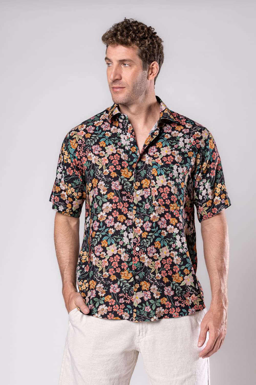 Camisa Estampada Linho c/ Modal MC Preto