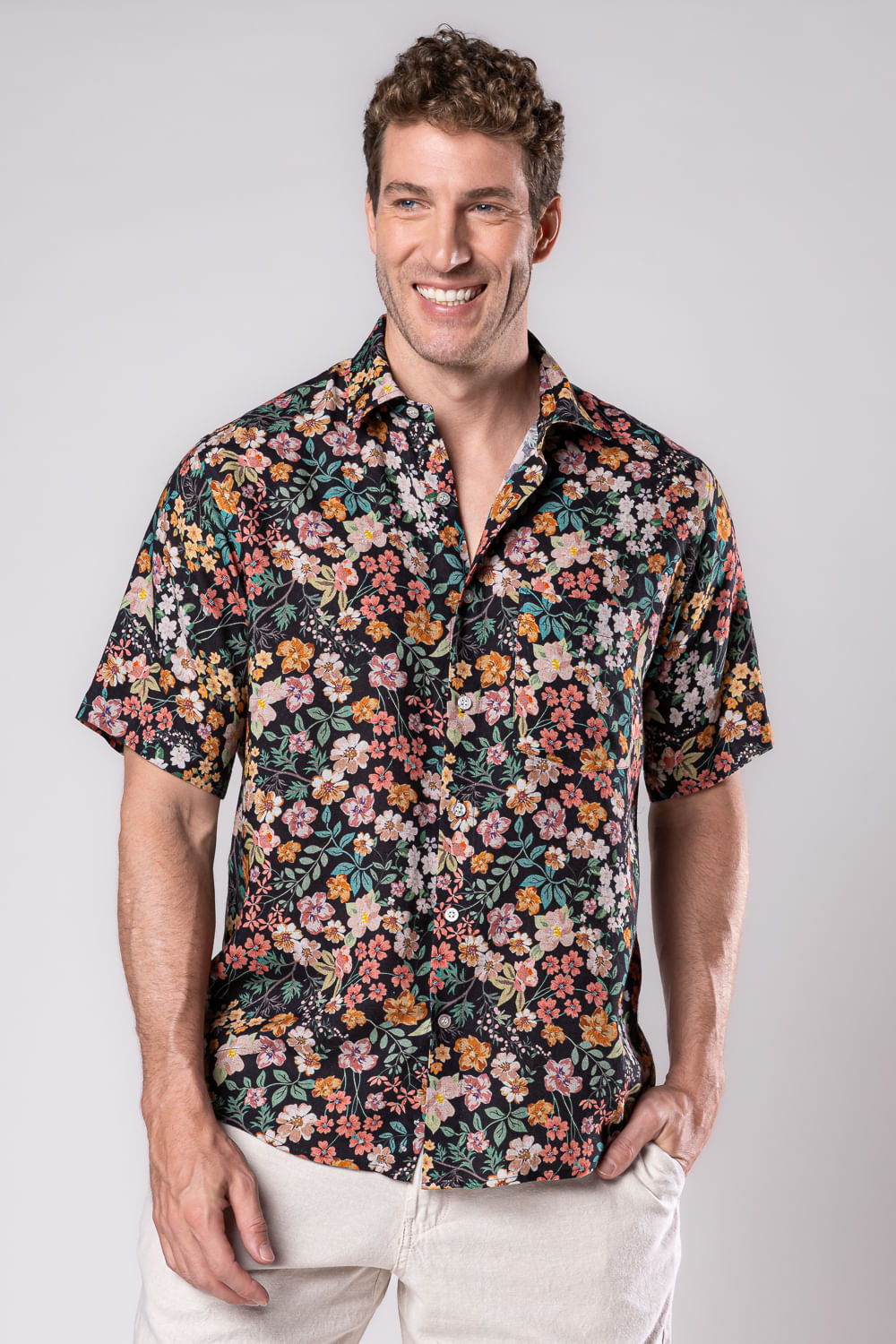 Camisa Estampada Linho c/ Modal MC Preto