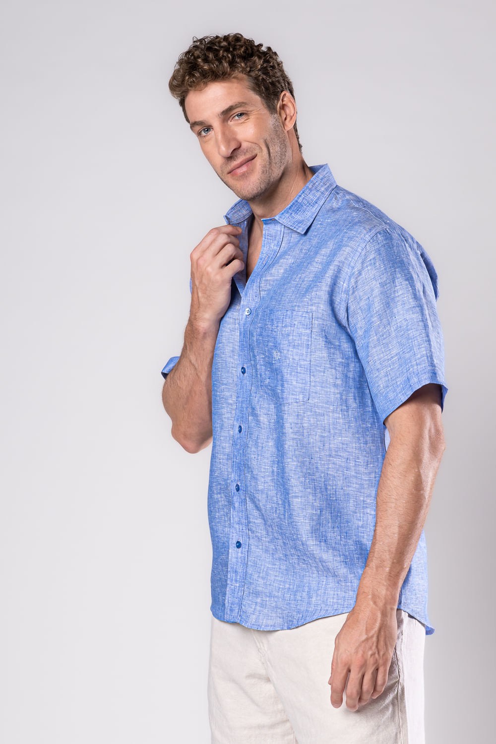 Camisa Puro Linho Mescla MC Azul Médio