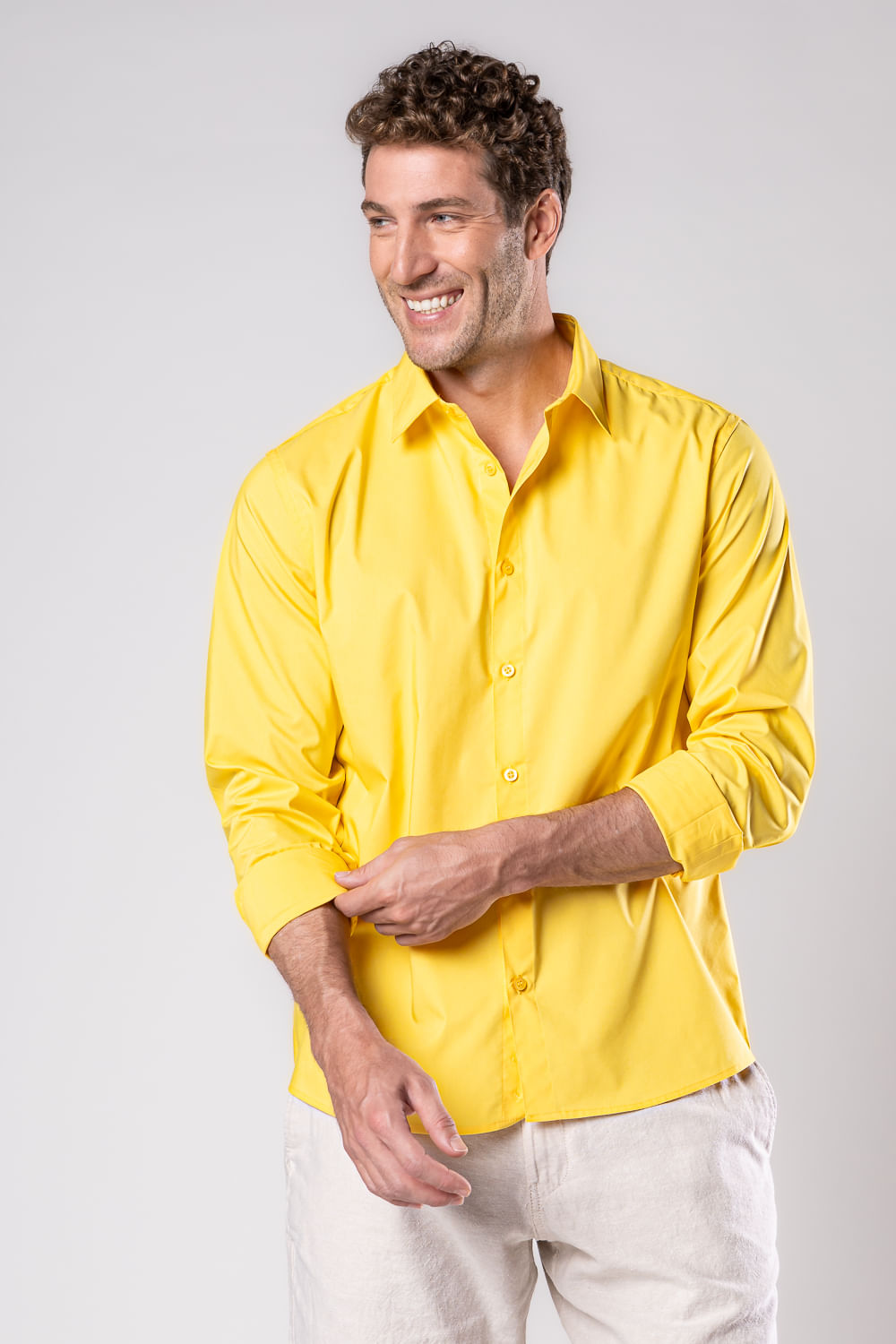 Camisa Slim Social Algodão Misto Amarelo
