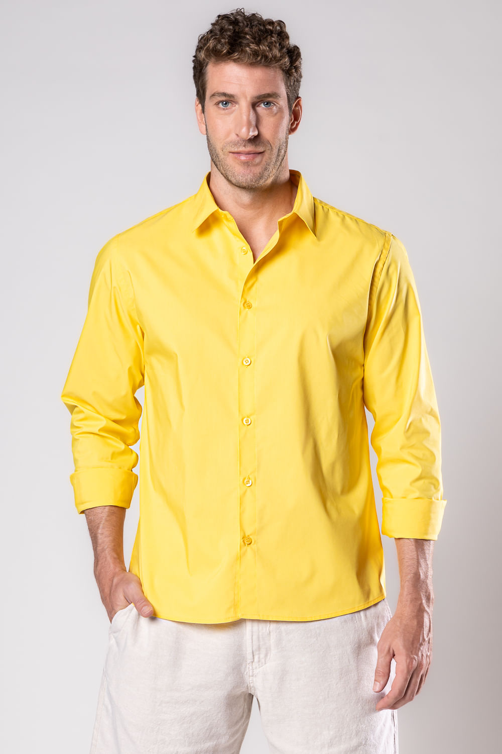 Camisa Slim Social Algodão Misto Amarelo