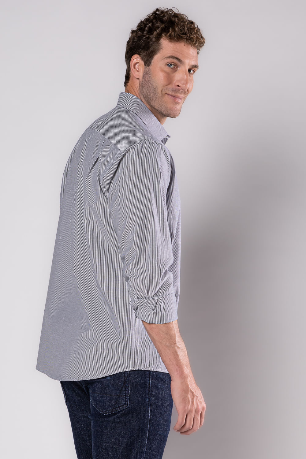 Camisa Social Listrada Algodão Misto Preto