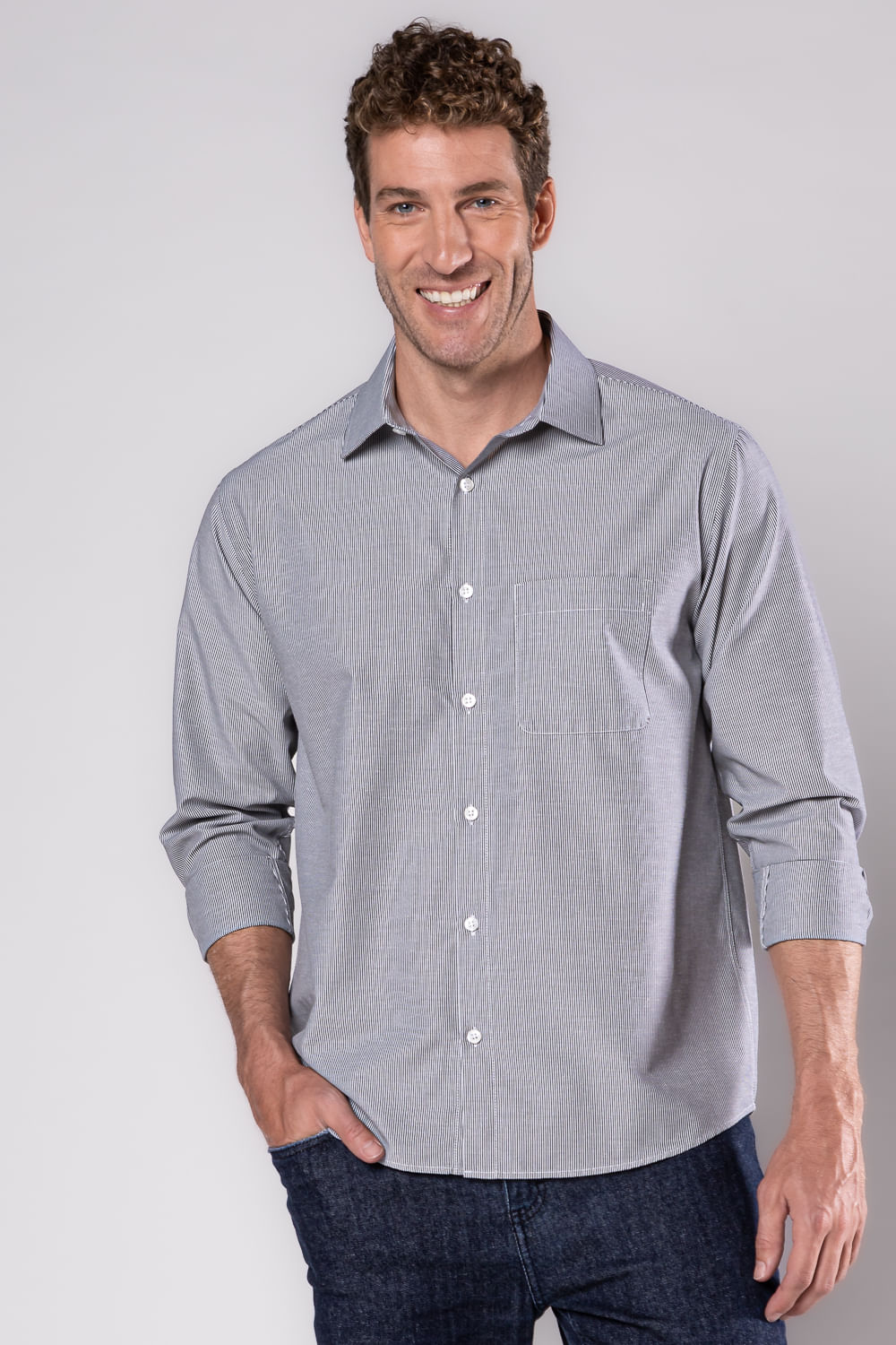Camisa Social Listrada Algodão Misto Preto