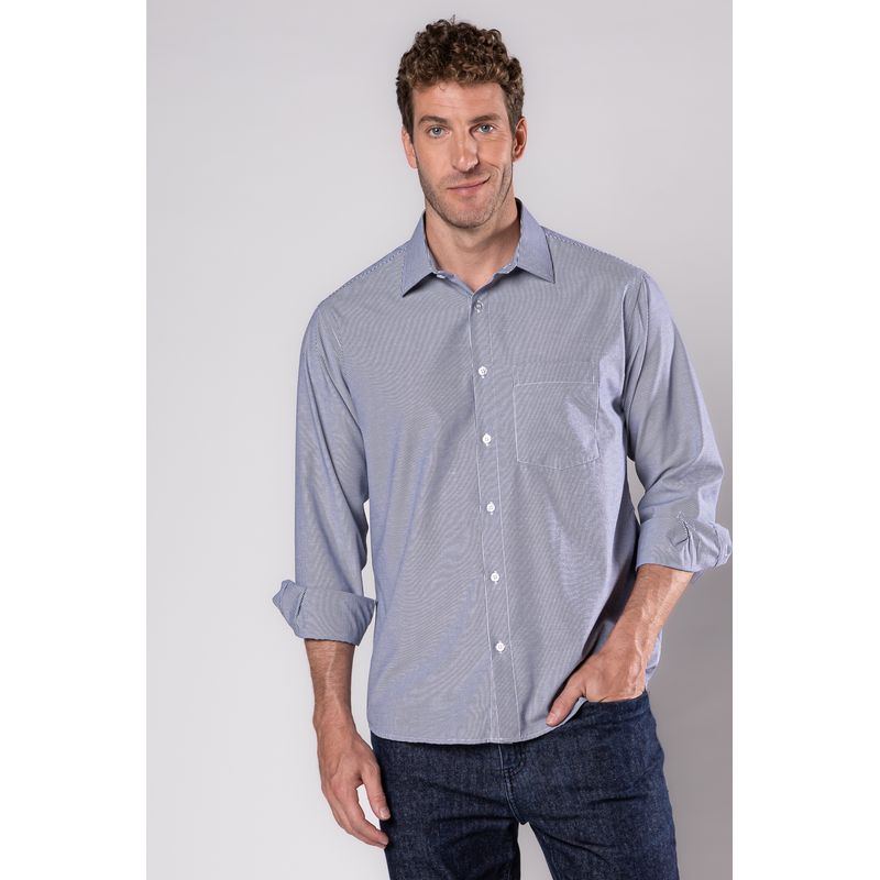 Camisa Social Listrada Algodao Misto Azul Escuro