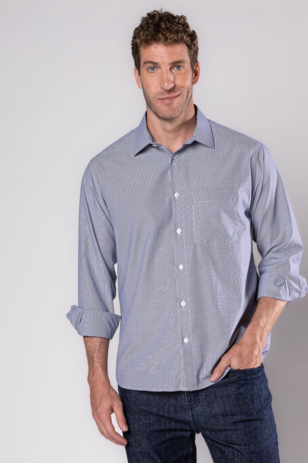 Camisa Social Listrada Algodao Misto Azul Escuro