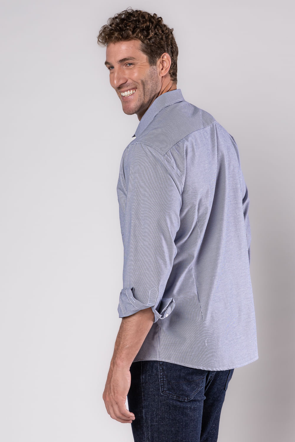 Camisa Social Listrada Algodao Misto Azul Escuro