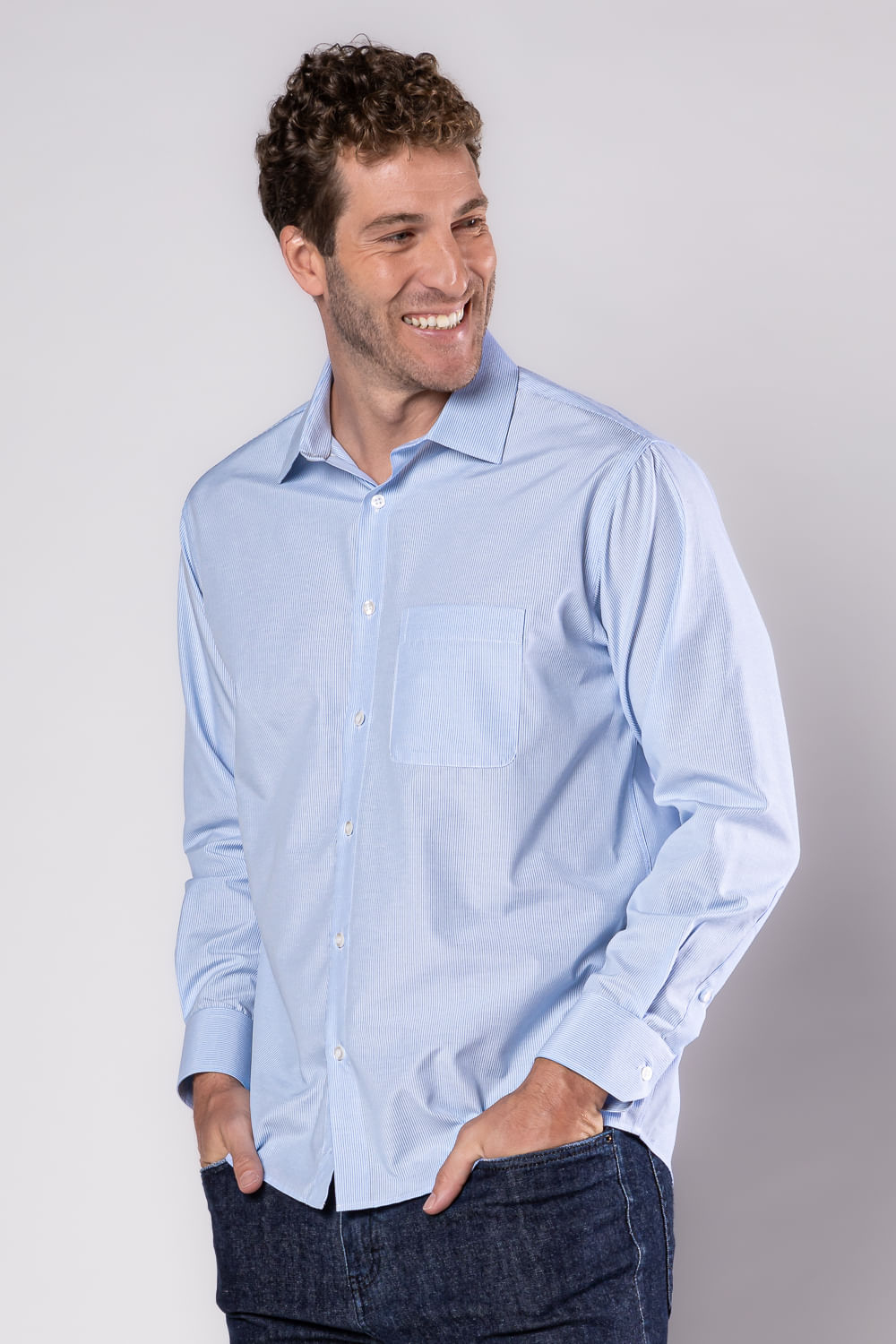 Camisa Social Listrada Algodão Misto Azul Claro