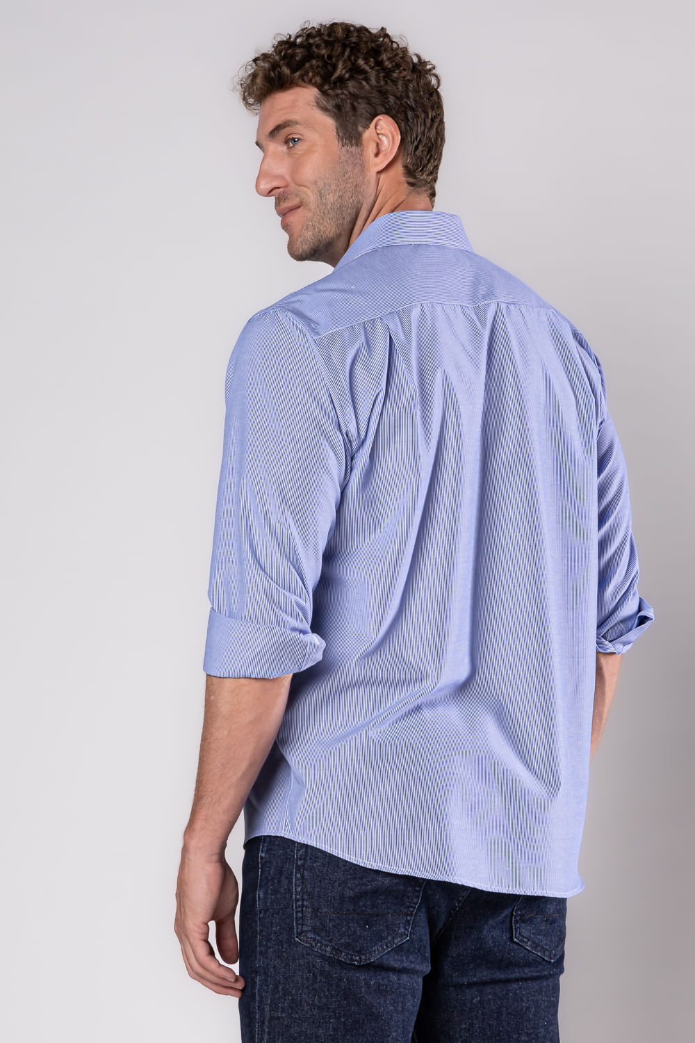Camisa Social Listrada Algodão Misto Azul