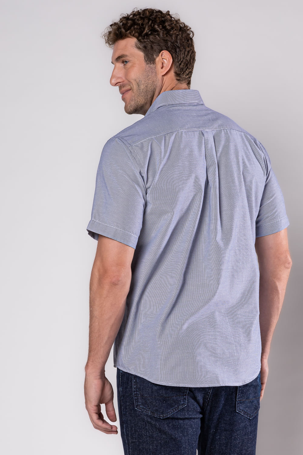 Camisa Listrada Algodão Misto MC Azul Escuro